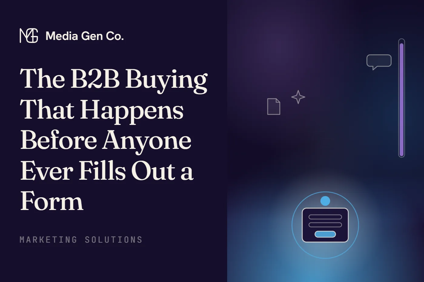 Documents, chats and an AI spark drift through a darkened field while a decision meter fills, and only the final step reaches a lit contact form.