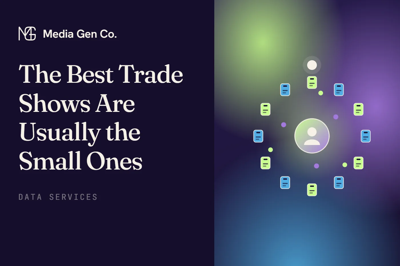 Twelve conference badges ring a prospect. A marketer passes each one in turn, a badge lights at every show, and after the twelfth the prospect lights up and sends word outward.