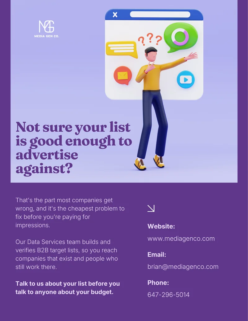 Page 11, Not sure your list is good enough to advertise against? Contact details for Media Gen Co.